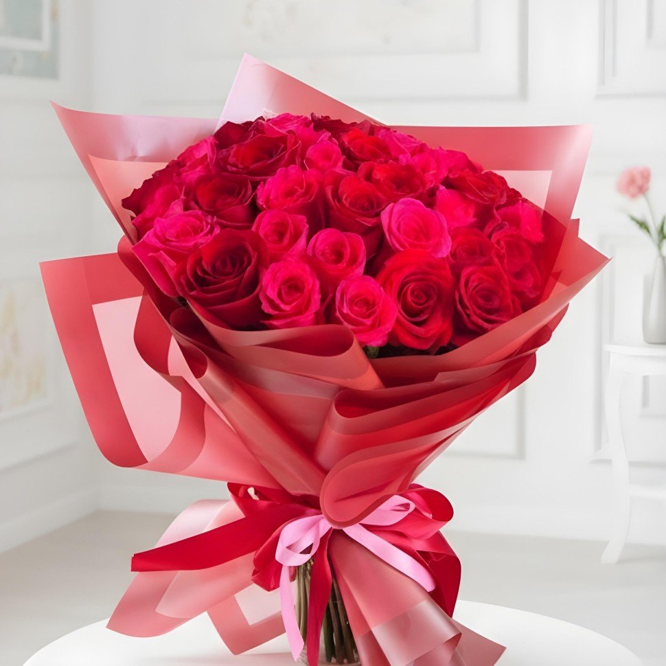 30 Red and Hot Pink Roses Hand Tied Bouquet - Image 2