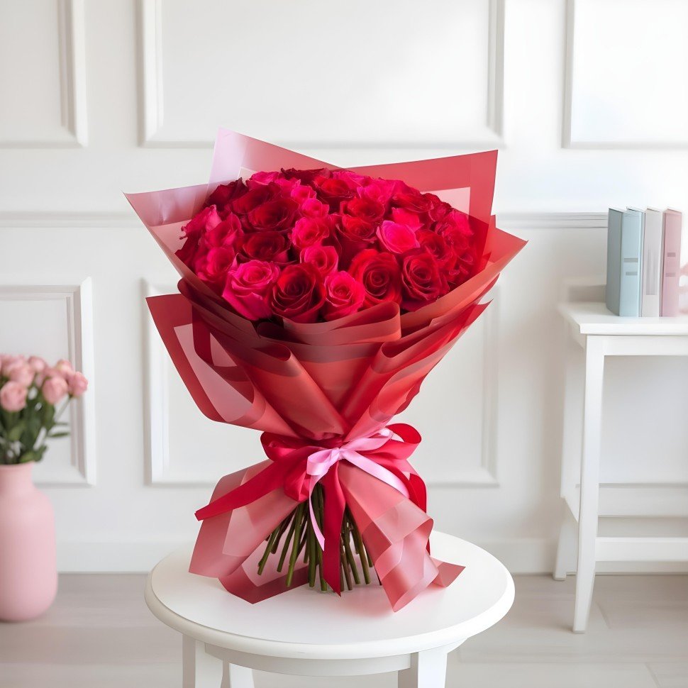 30 Red and Hot Pink Roses Hand Tied Bouquet